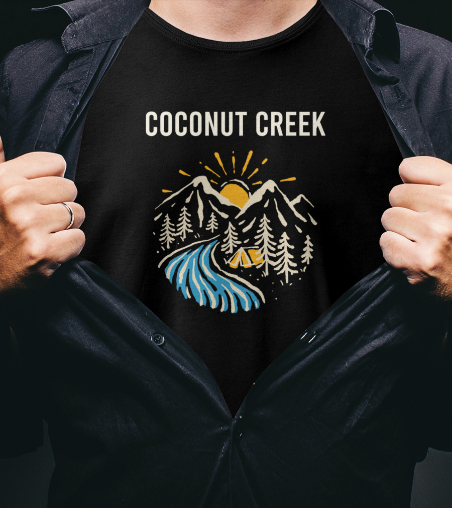 Coconut Creek Mountains Sunrise And River Camping Scene T-Shirt