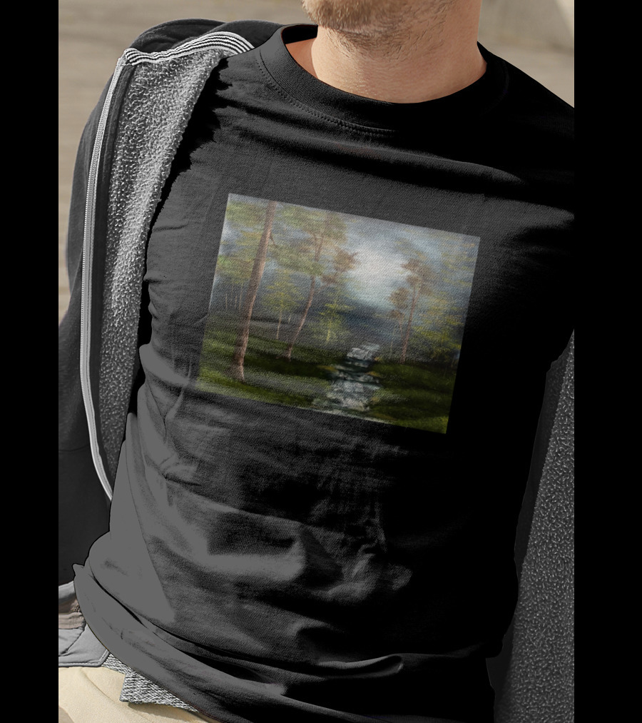 Dark Forest Creek Mysterious Woodland Stream Landscape Scene T-Shirt