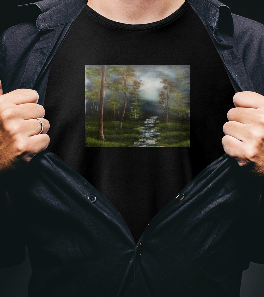 Dark Forest Creek Mysterious Woodland Stream Landscape Scene T-Shirt