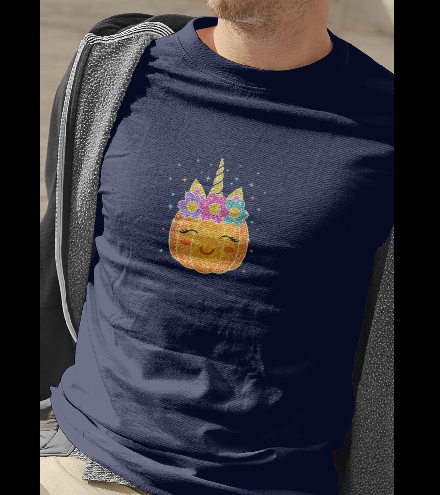 Cute Unicorn Pumpkin With Glittery Sparkling Flowers And Stars T-Shirt