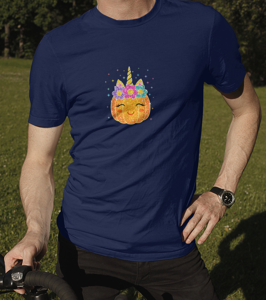 Cute Unicorn Pumpkin With Glittery Sparkling Flowers And Stars T-Shirt