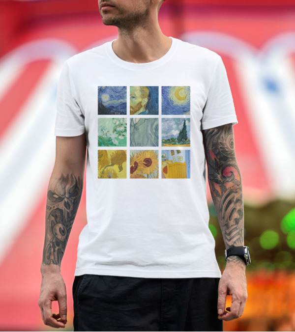 Premium T-Shirt: Vincent Van Gogh's Starry Night Sunflowers Bedroom Almond Blossom Cypress Self-Portrait Painting Collection 01 T-Shirt Vincent Van Gogh's Starry Night Sunflowers Bedroom Almond Blossom Cypress Self-Portrait Painting Collection 01 T-Shirt