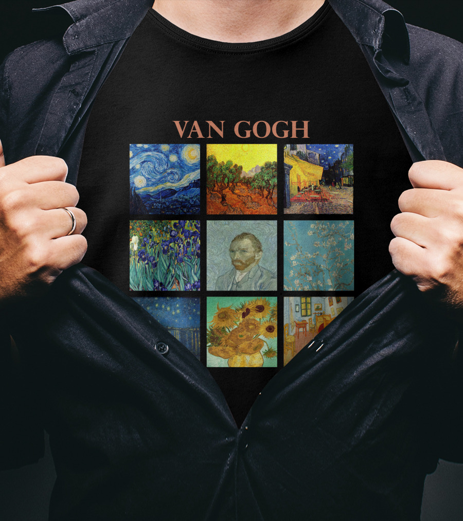 Van Gogh Starry Night Sunflowers Irises Café Terrace Almond Blossoms Portrait Bedroom T-Shirt
