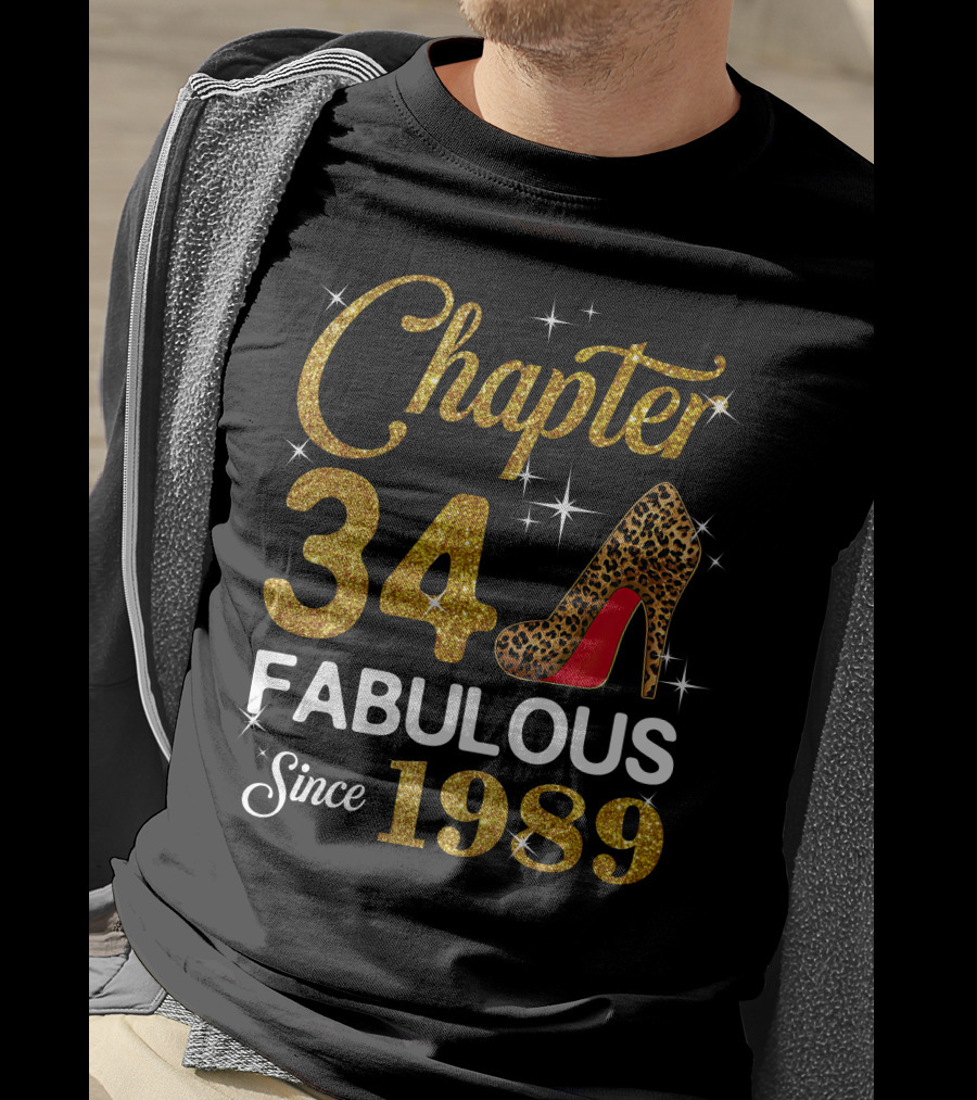 Chapter 34 Fabulous Since 1989 Golden Glitter Leopard Print Heel T-Shirt