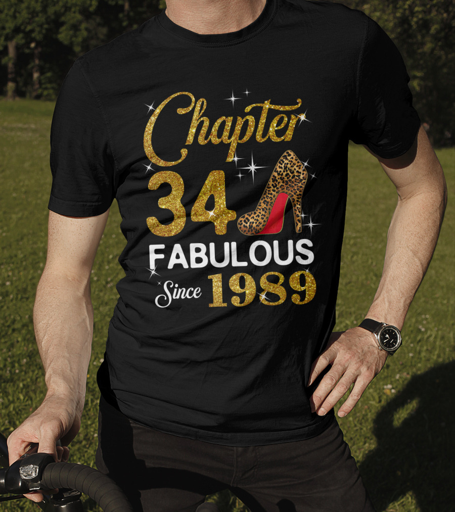 Chapter 34 Fabulous Since 1989 Golden Glitter Leopard Print Heel T-Shirt