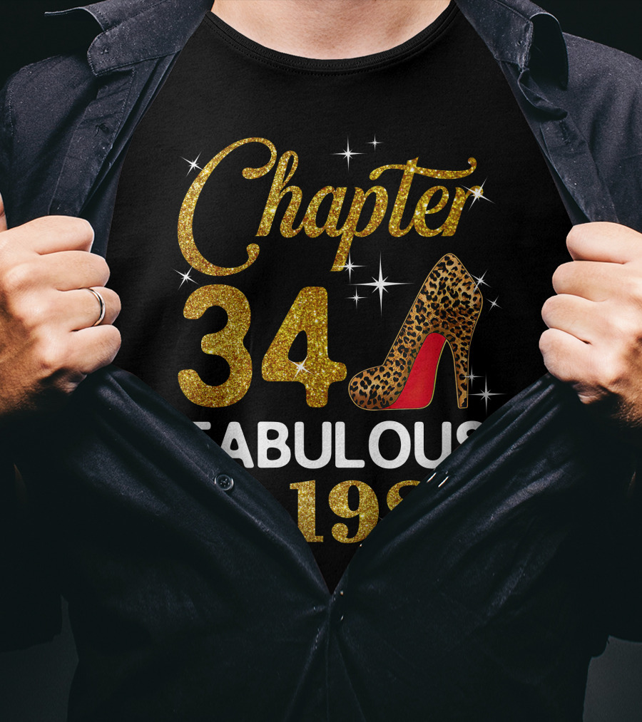 Chapter 34 Fabulous Since 1989 Golden Glitter Leopard Print Heel T-Shirt