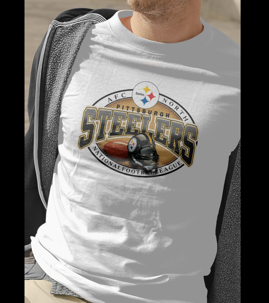 Pittsburgh Steelers AFC North National Football League Logo And Helmet With Football On Grey Background T-Shirt