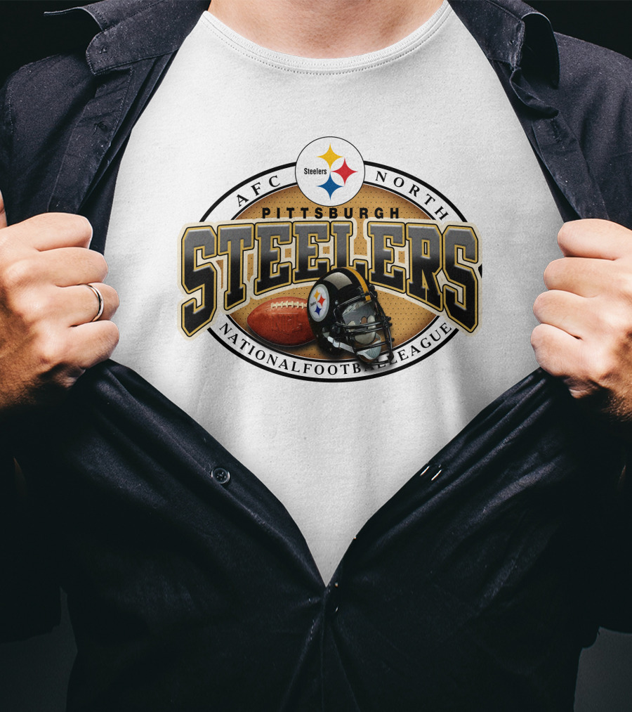 Pittsburgh Steelers AFC North National Football League Logo And Helmet With Football On Grey Background T-Shirt
