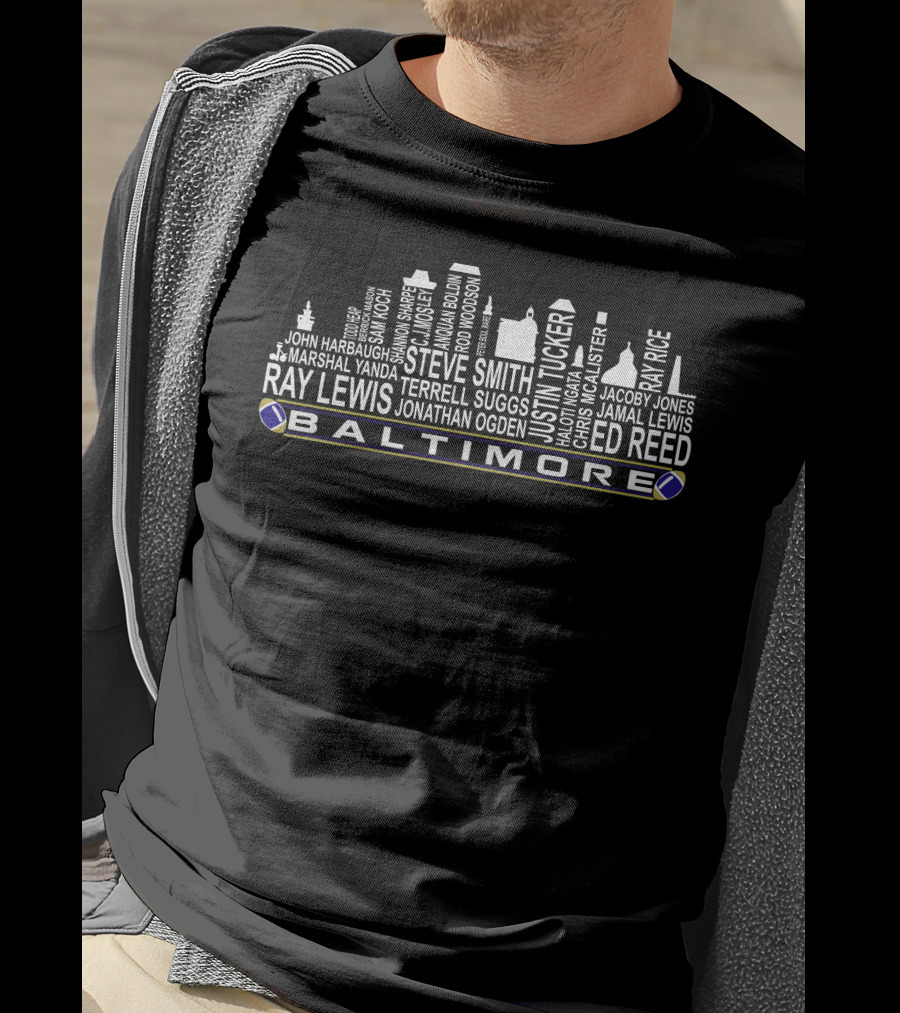 Baltimore Ravens City Skyline Legends Ray Lewis Ed Reed Terrell Suggs T-Shirt