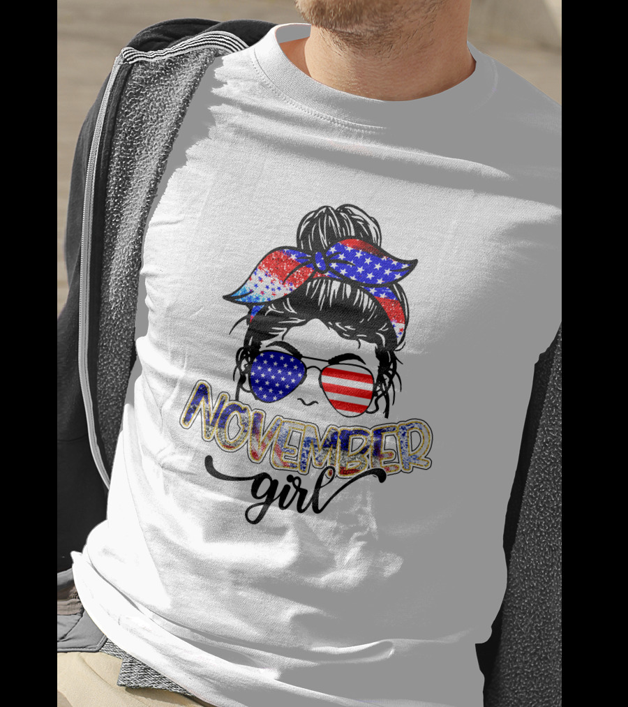 November Girl Patriotic Stars And Stripes Sunglasses And Headband T-Shirt