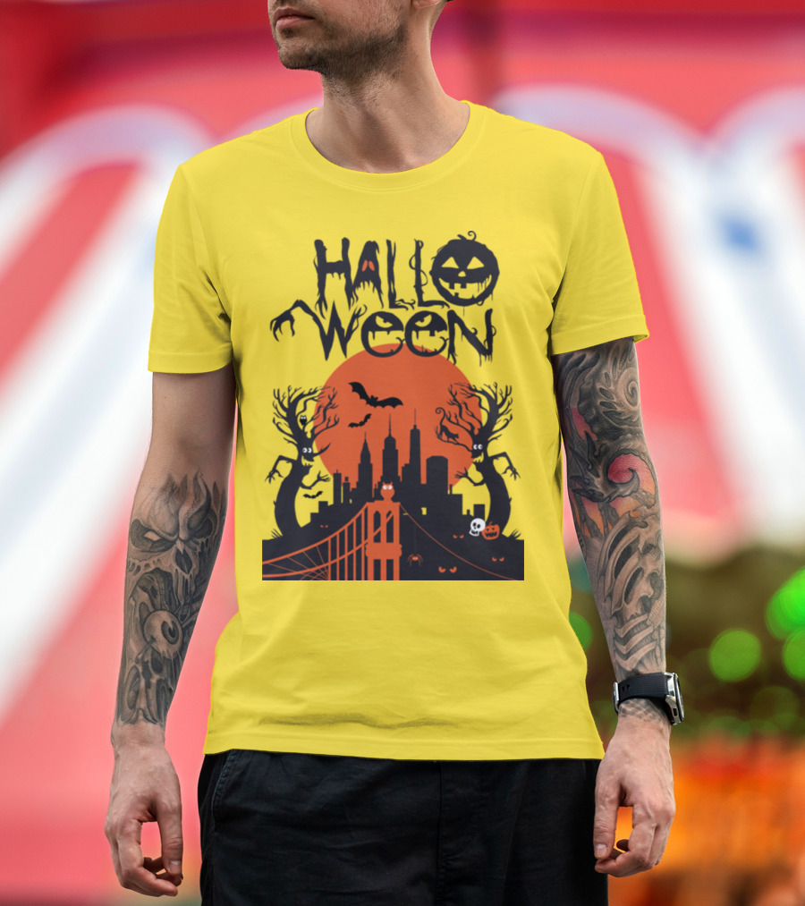 Halloween Cartoon City Skyline with Bats Jack-O'-Lanterns and Spooky Trees T-Shirt