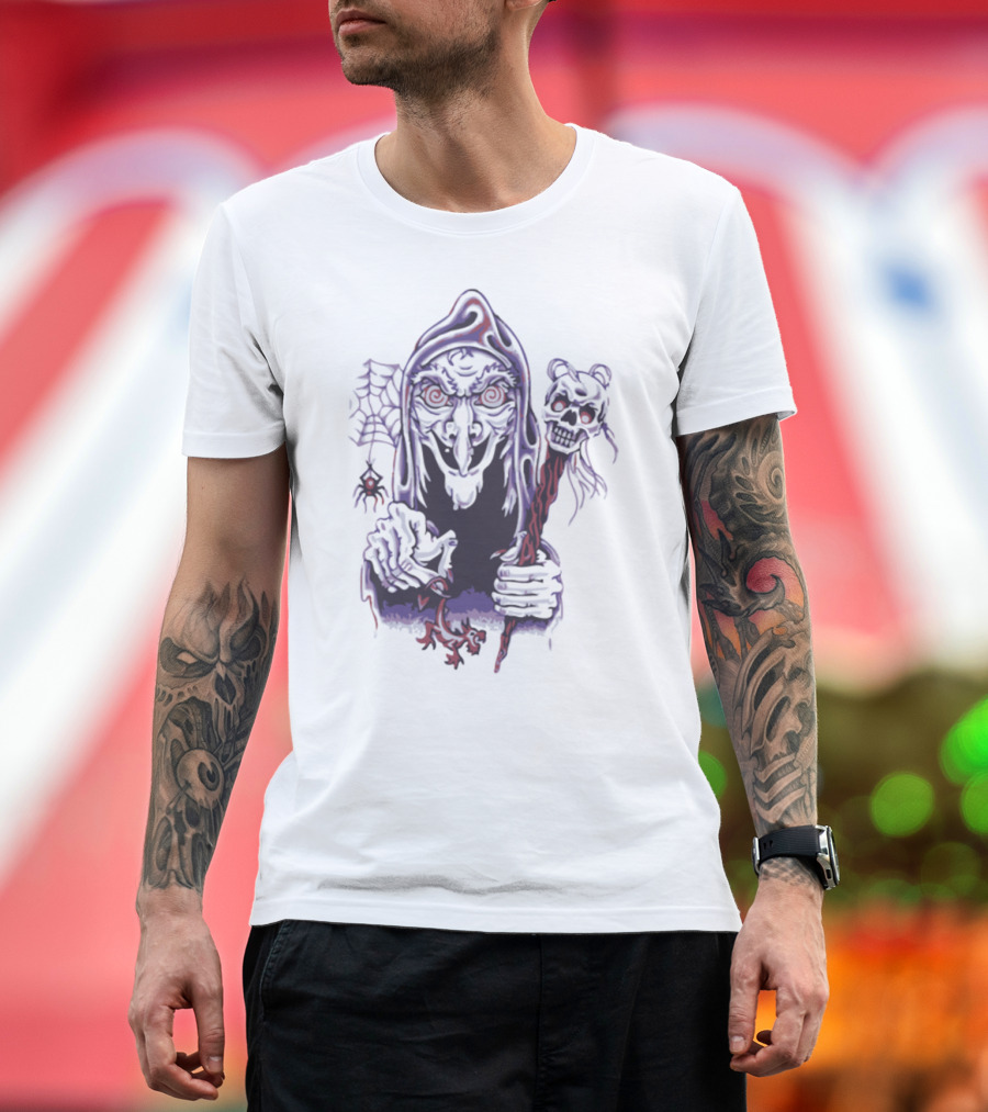Halloween Witch Hooded Skeleton Staff and Spider Web T-Shirt