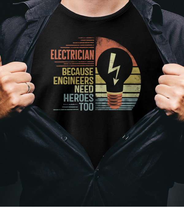 Electrician Because Engineers Need Heroes Too Light Bulb With Lightning Bolt Retro Stripes T-Shirt