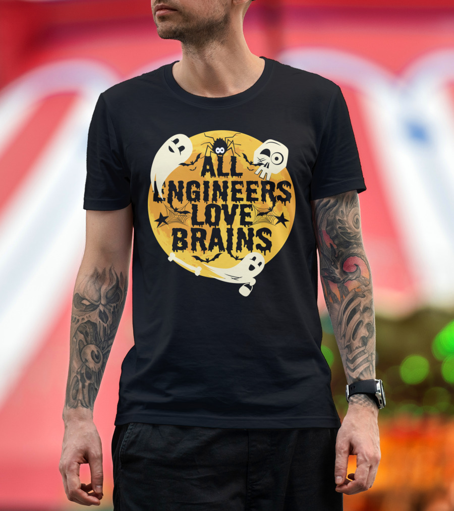All Engineers Love Brains Halloween Ghosts and Spiders Moon Scene T-Shirt
