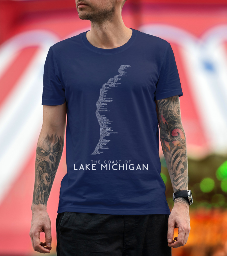 The Coast of Lake Michigan with Cities, Parks, and Landmarks Along Michigan's Lake Michigan Coastline T-Shirt