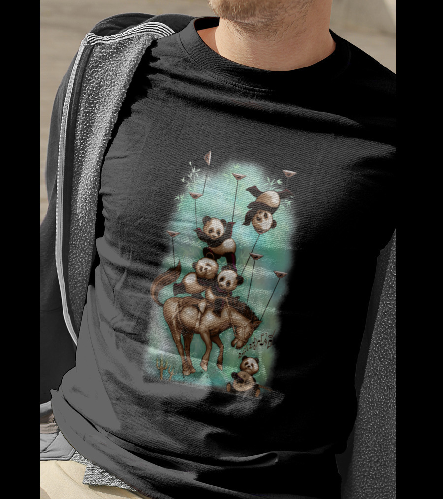 Acrobatic Rodeo Panda Trio Balancing On Horse With Bamboo And Musical Notes T-Shirt