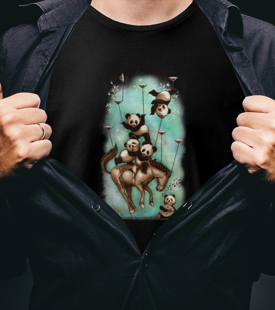 Acrobatic Rodeo Panda Trio Balancing On Horse With Bamboo And Musical Notes T-Shirt