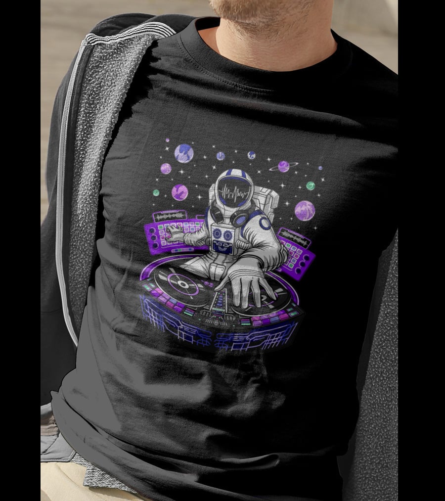 Astronaut DJ Mixing Beats With Planetary Backdrop 1382302 T-Shirt