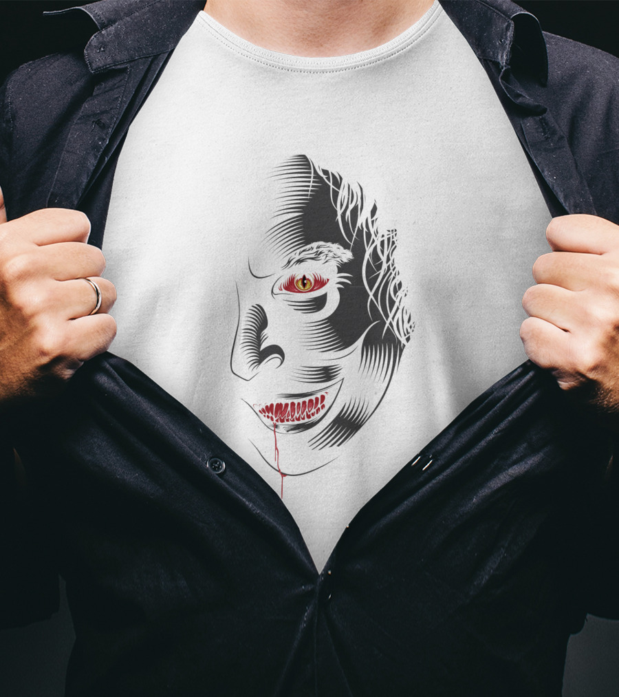 Aswang 1186733 Creepy Red-Eyed Smiling Face With Blood Drip T-Shirt