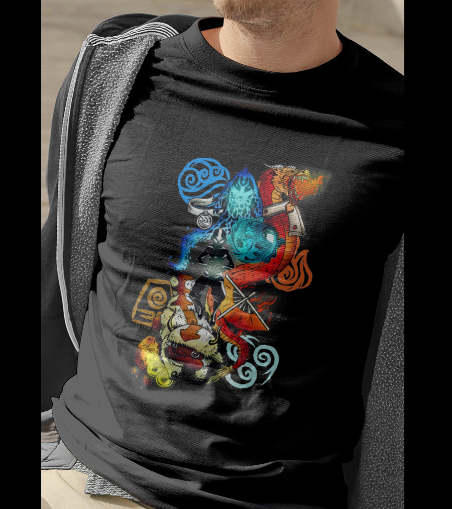 Avatar Bending Elements With Water, Earth, Fire, Air Symbols And Creatures 4828 T-Shirt