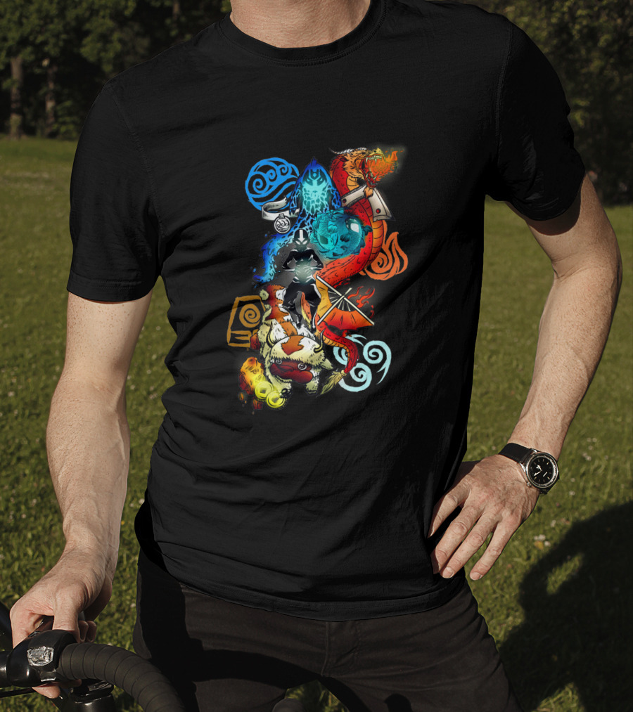 Avatar Bending Elements With Water, Earth, Fire, Air Symbols And Creatures 4828 T-Shirt