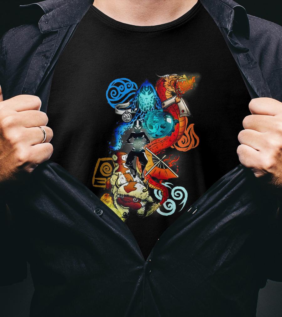 Avatar Bending Elements With Water, Earth, Fire, Air Symbols And Creatures 4828 T-Shirt