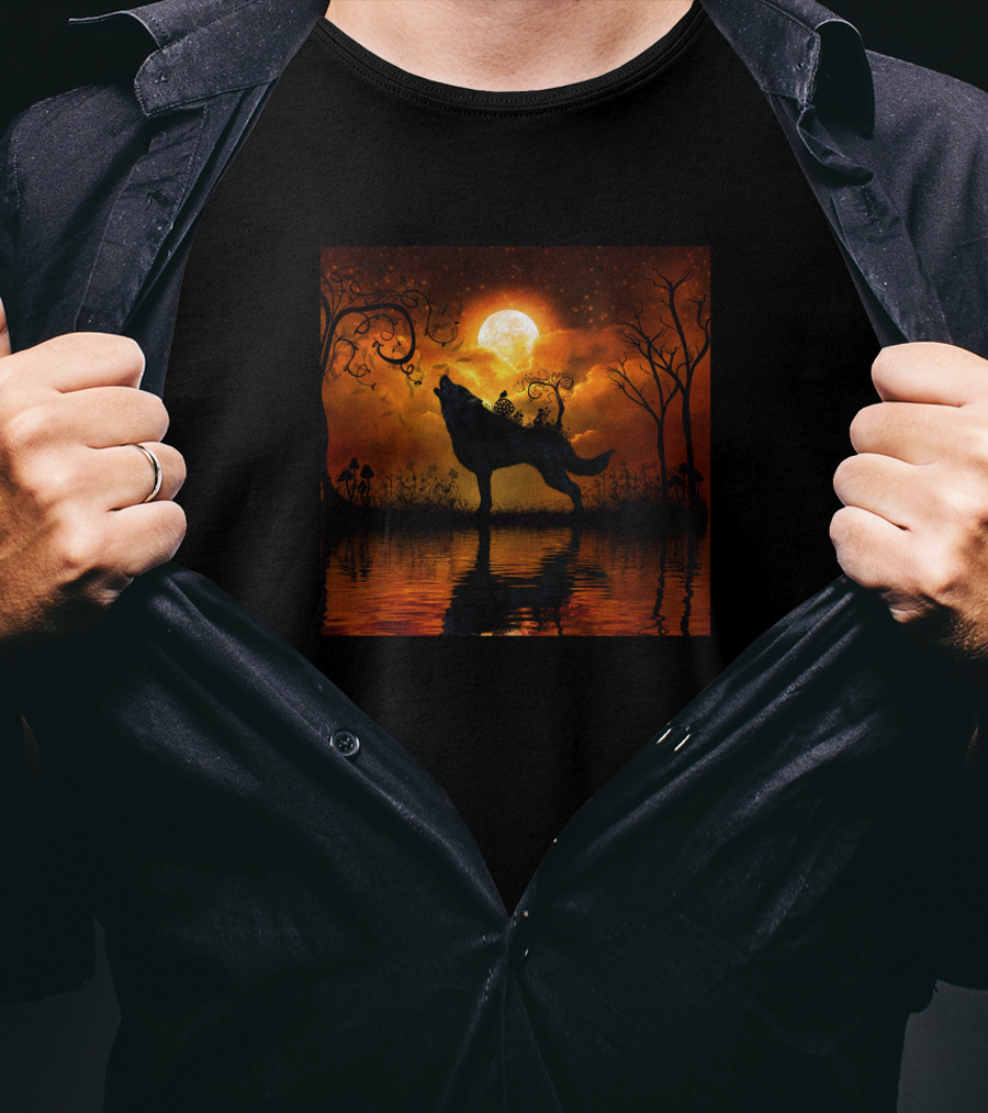 Awesome Wolf Silhouette Under Full Moon Reflection Mystical Forest 1541209 T-Shirt
