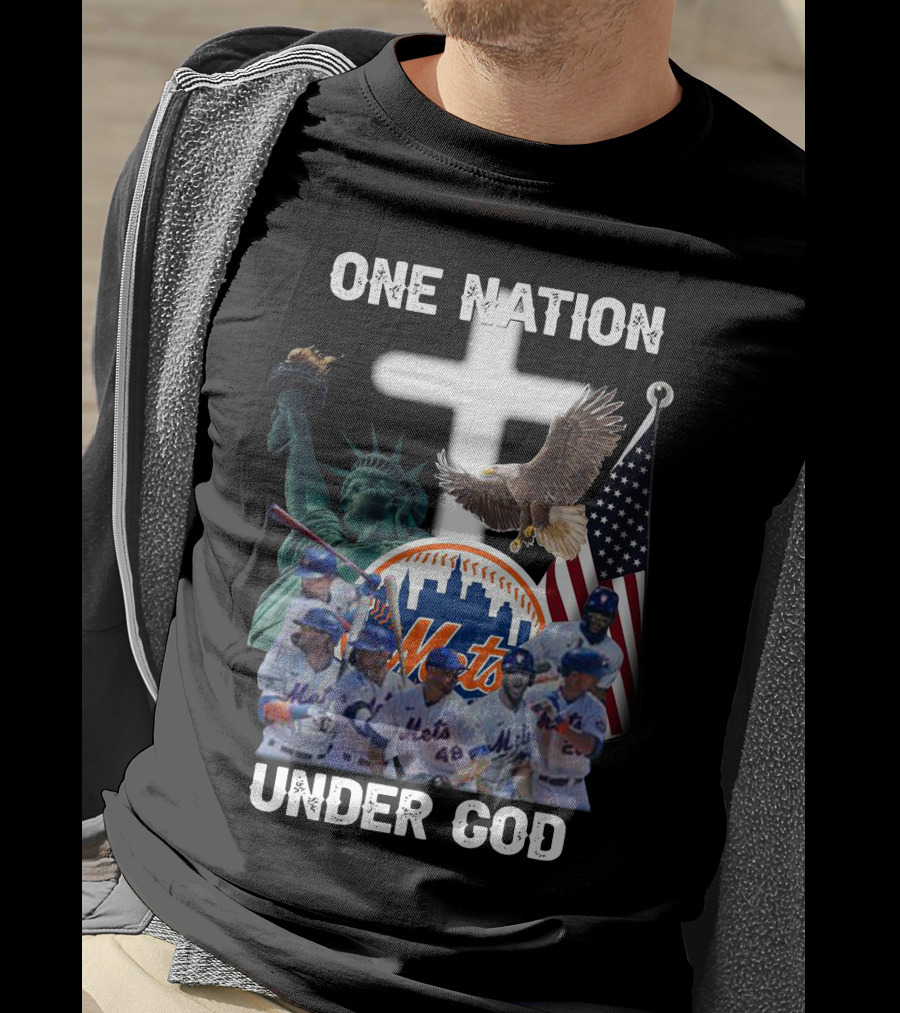 New York Mets One Nation Under God Liberty Eagle Flag Cross Baseball Players T-Shirt