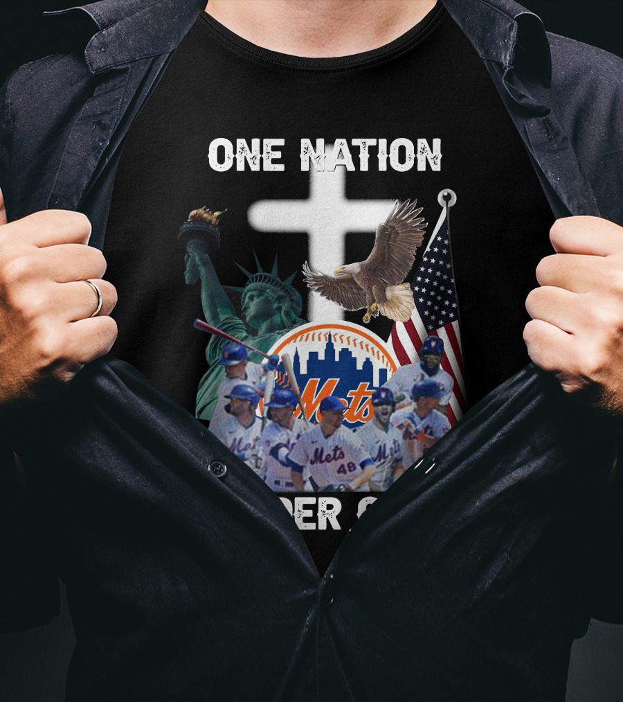 New York Mets One Nation Under God Liberty Eagle Flag Cross Baseball Players T-Shirt