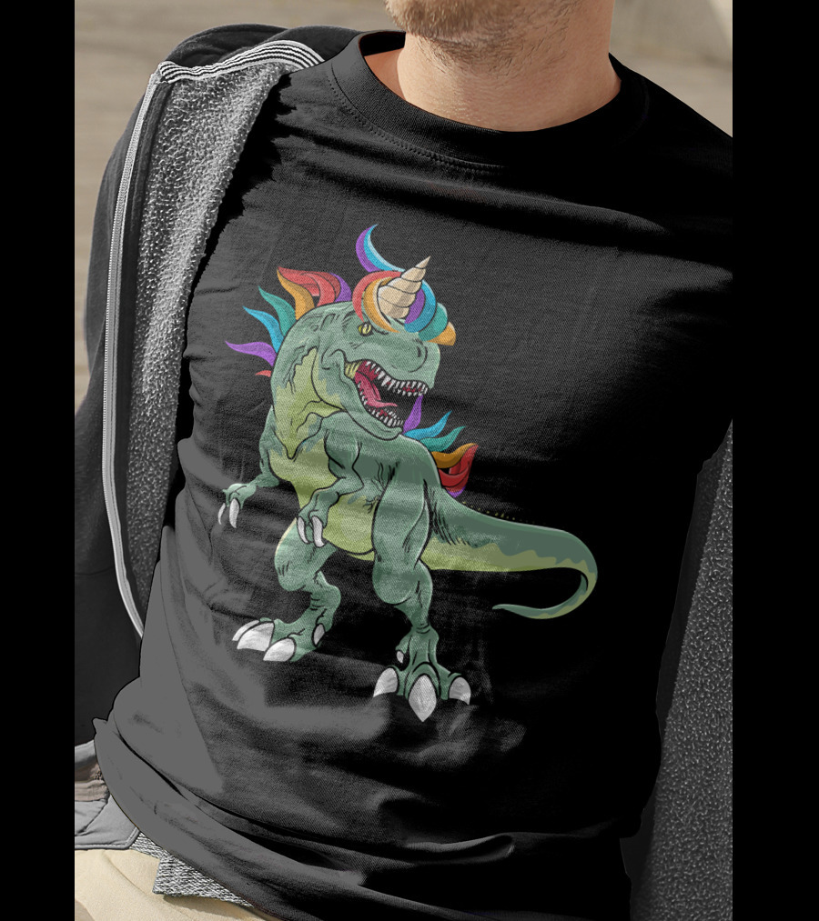 Unicorn Dinosaur Rex With Rainbow Mane And Horn T-Shirt