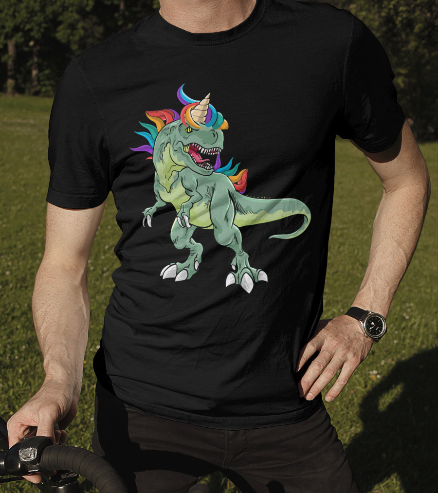 Unicorn Dinosaur Rex With Rainbow Mane And Horn T-Shirt