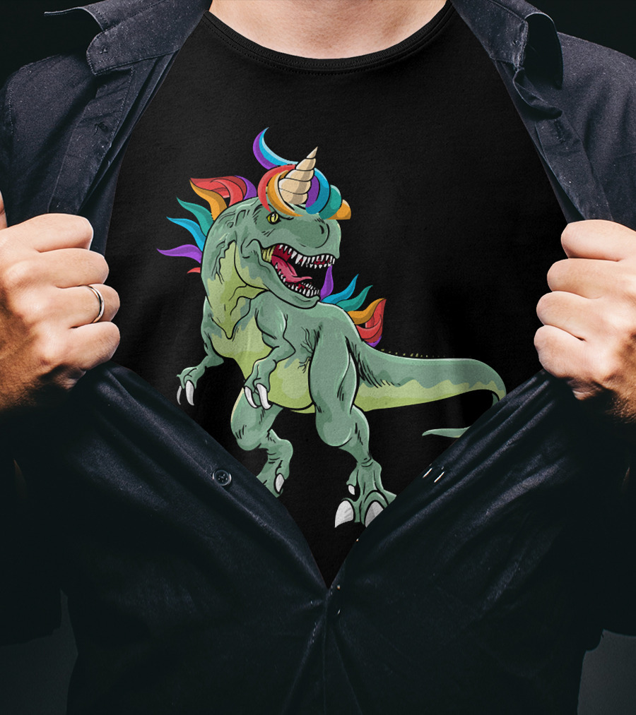 Unicorn Dinosaur Rex With Rainbow Mane And Horn T-Shirt