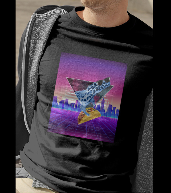 Aesthetic Synthwave Leopard Gecko Taco In Retro Urban Skyline T-Shirt