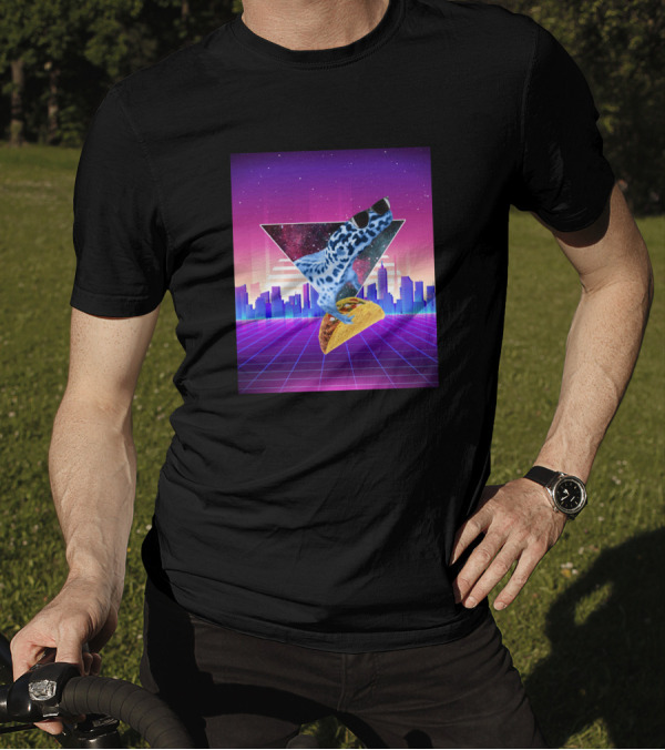 Aesthetic Synthwave Leopard Gecko Taco In Retro Urban Skyline T-Shirt