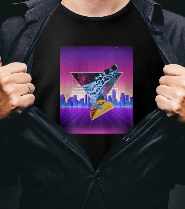 Aesthetic Synthwave Leopard Gecko Taco In Retro Urban Skyline T-Shirt