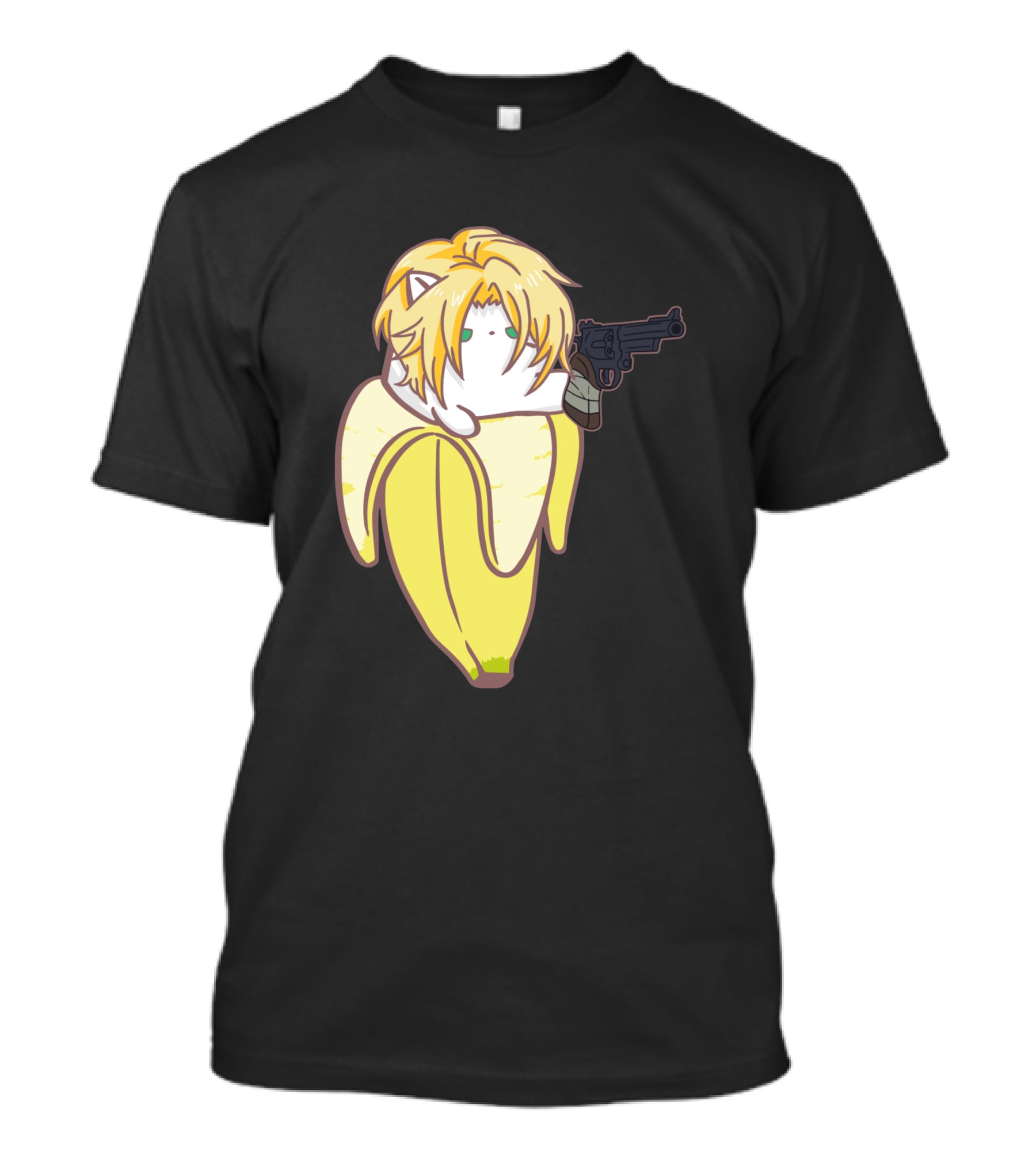 Bananya Fish 990217 Cat In Banana Costume With Toy Gun Anime T-Shirt