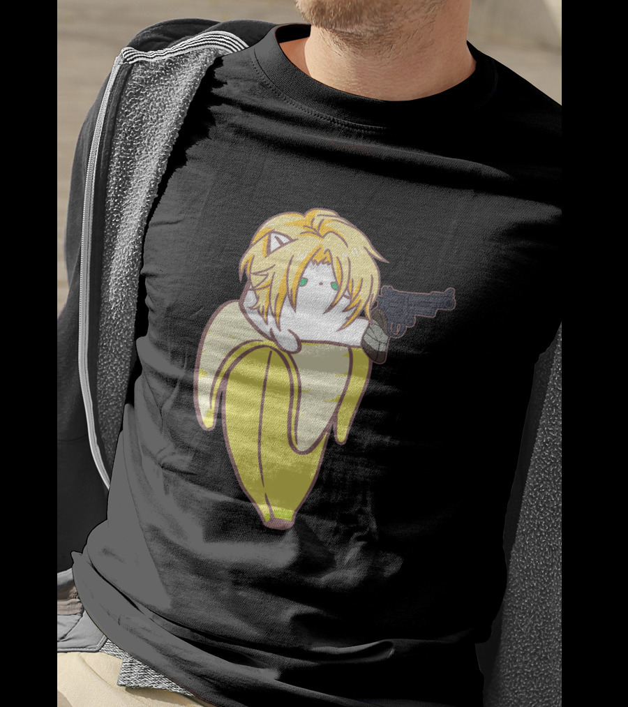 Bananya Fish 990217 Cat In Banana Costume With Toy Gun Anime T-Shirt