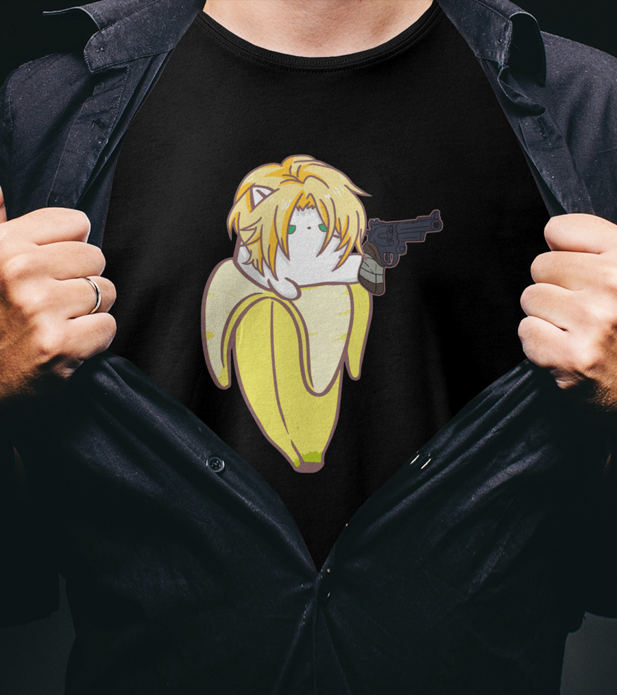 Bananya Fish 990217 Cat In Banana Costume With Toy Gun Anime T-Shirt