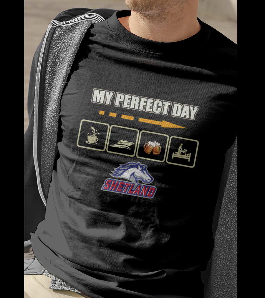 MY PERFECT DAY Coffee Boat Beer Bed Shetland Horse T-Shirt