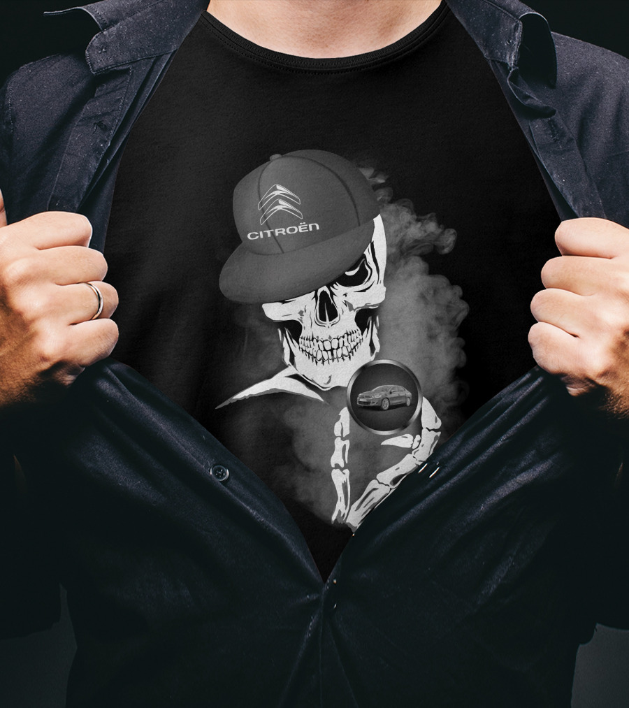 Citroen C Elysee Skull With Hat And Car Image In Smoke T-Shirt