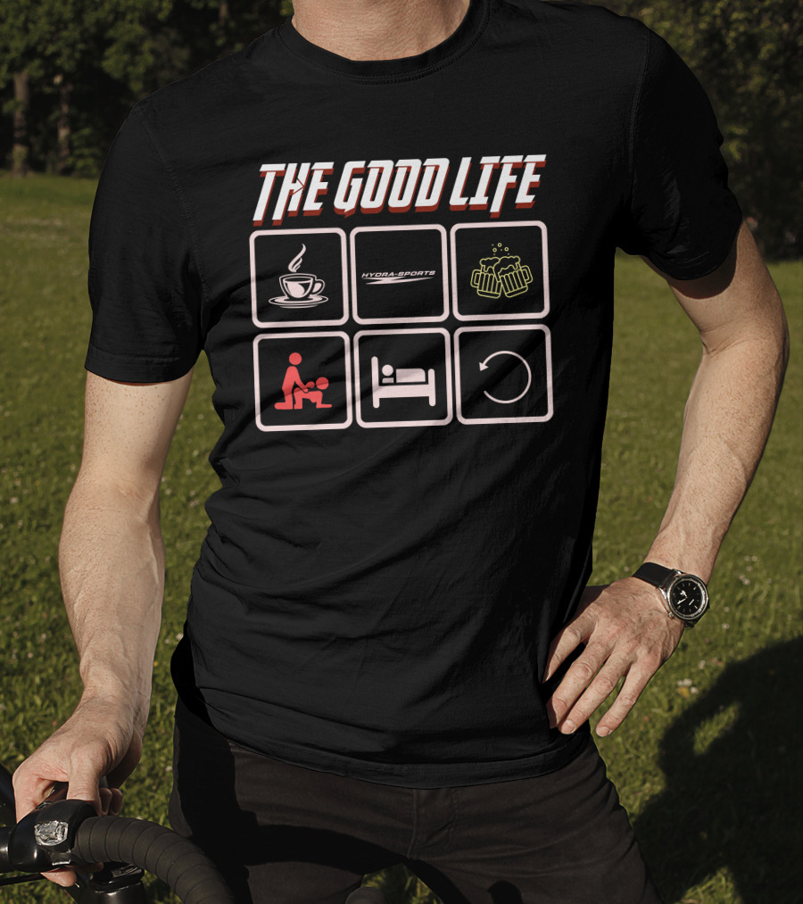 The Good Life Hydra-Sports Coffee Beer Cycle Icons T-Shirt