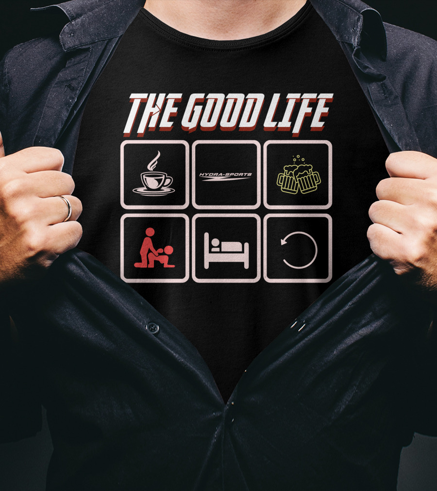 The Good Life Hydra-Sports Coffee Beer Cycle Icons T-Shirt