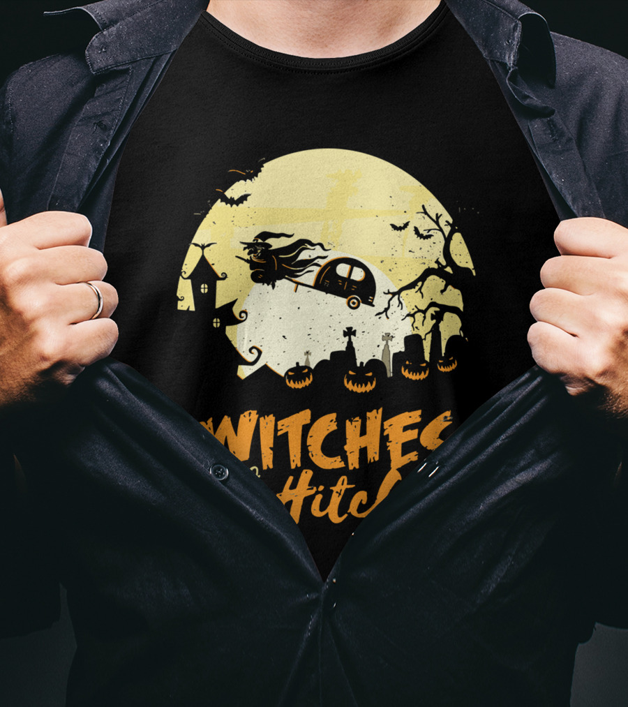 Witches With Hitches Moonlit Halloween Scene T-Shirt