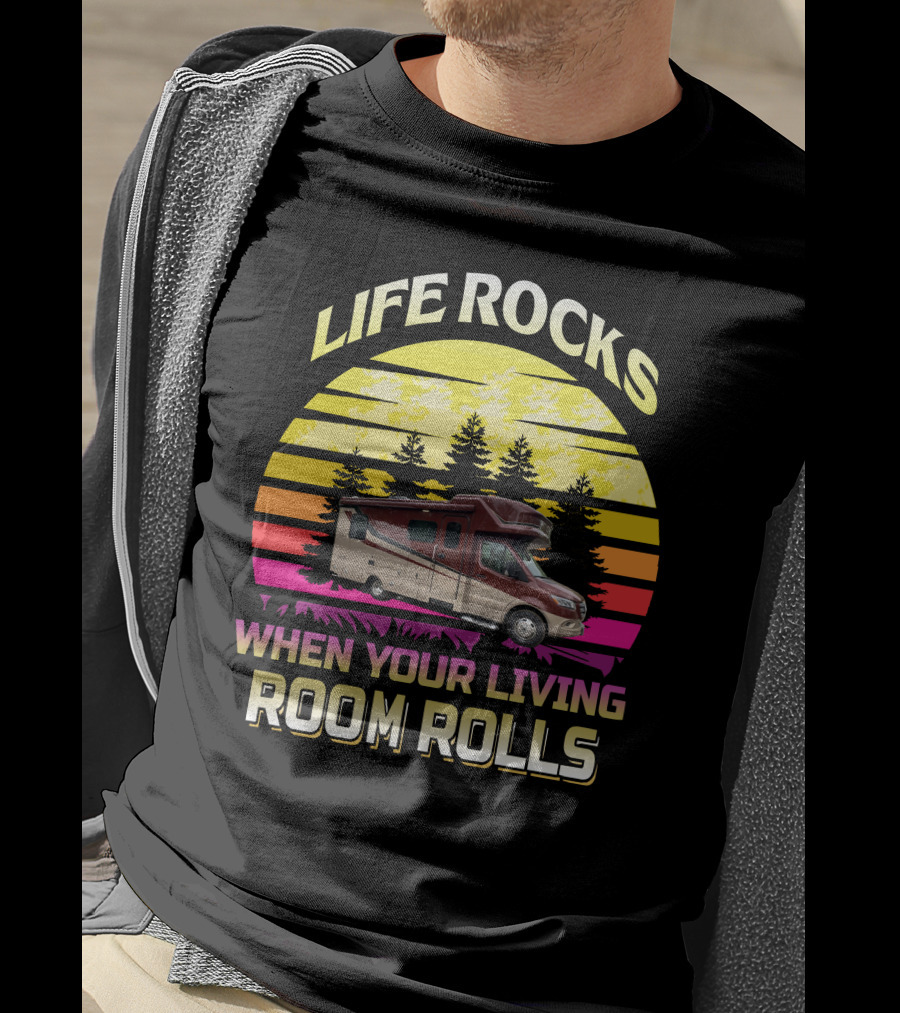 LIFE ROCKS WHEN YOUR LIVING ROOM ROLLS Campervan Vintage Sunset T-Shirt