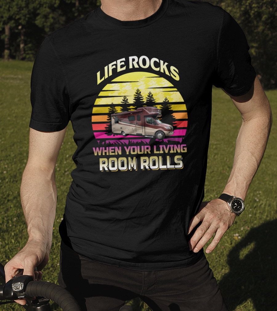 LIFE ROCKS WHEN YOUR LIVING ROOM ROLLS Campervan Vintage Sunset T-Shirt