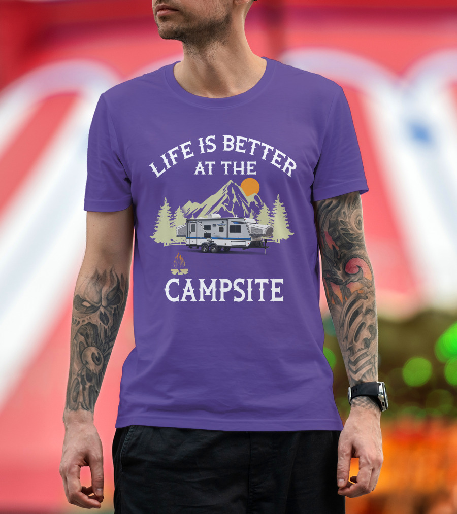 Life is Better at the Campsite Hybrid Campers Mountain Scene T-Shirt