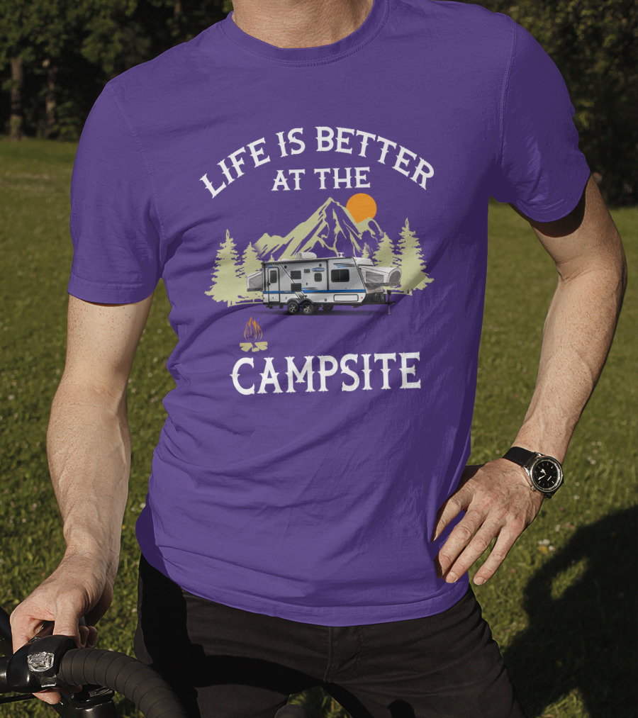 Life Is Better At The Campsite Hybrid Campers Mountain Scene T-Shirt