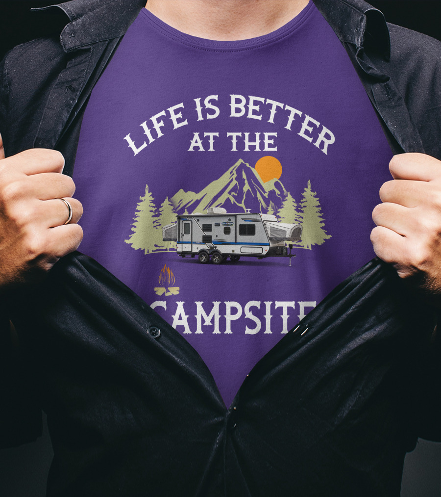 Life Is Better At The Campsite Hybrid Campers Mountain Scene T-Shirt