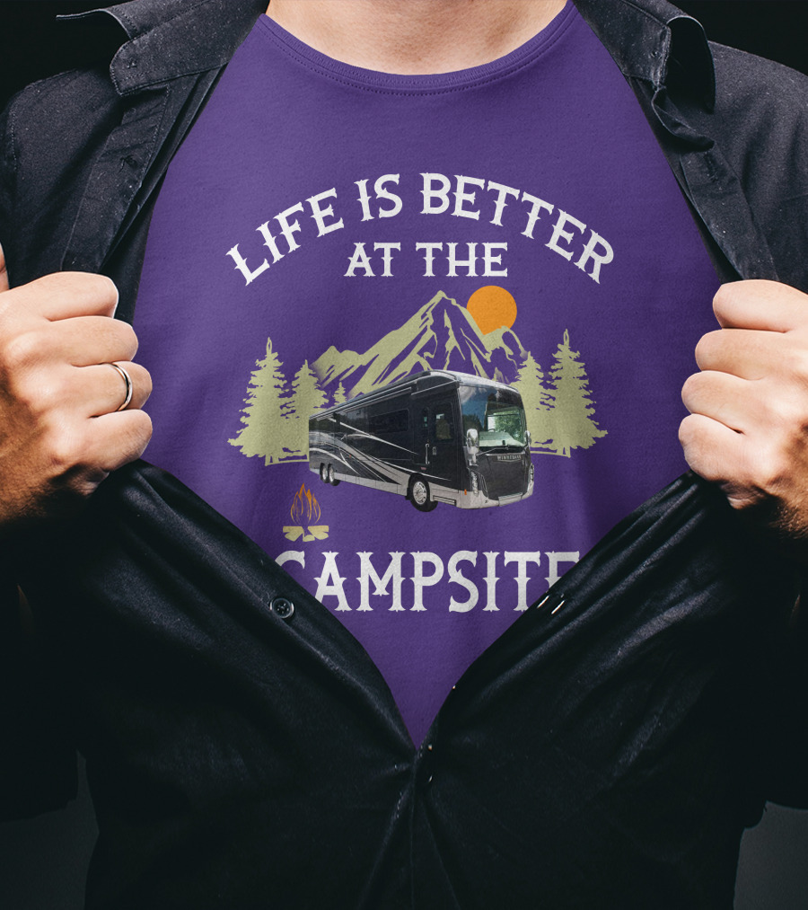 Life Is Better At The Campsite Winnebago 42QL Mountain Sunset Campfire T-Shirt