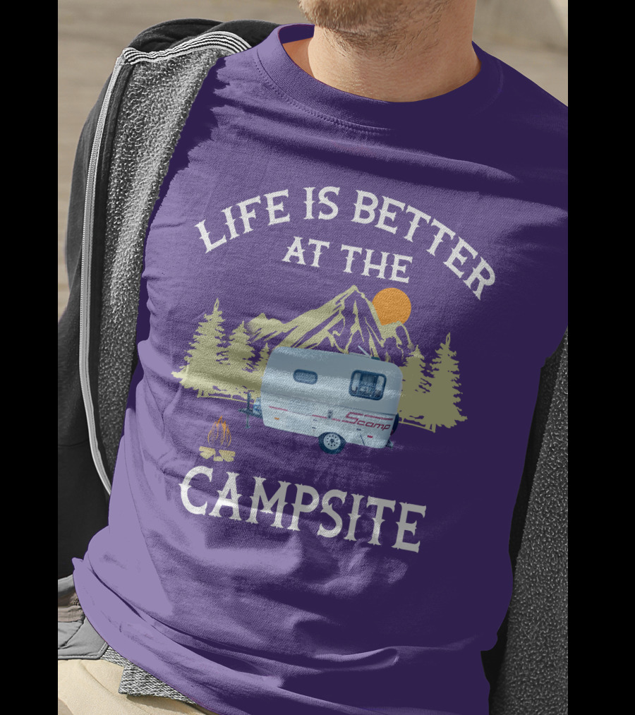 Life Is Better At The Campsite Scamp Small Travel Trailers Mountain Sunset T-Shirt